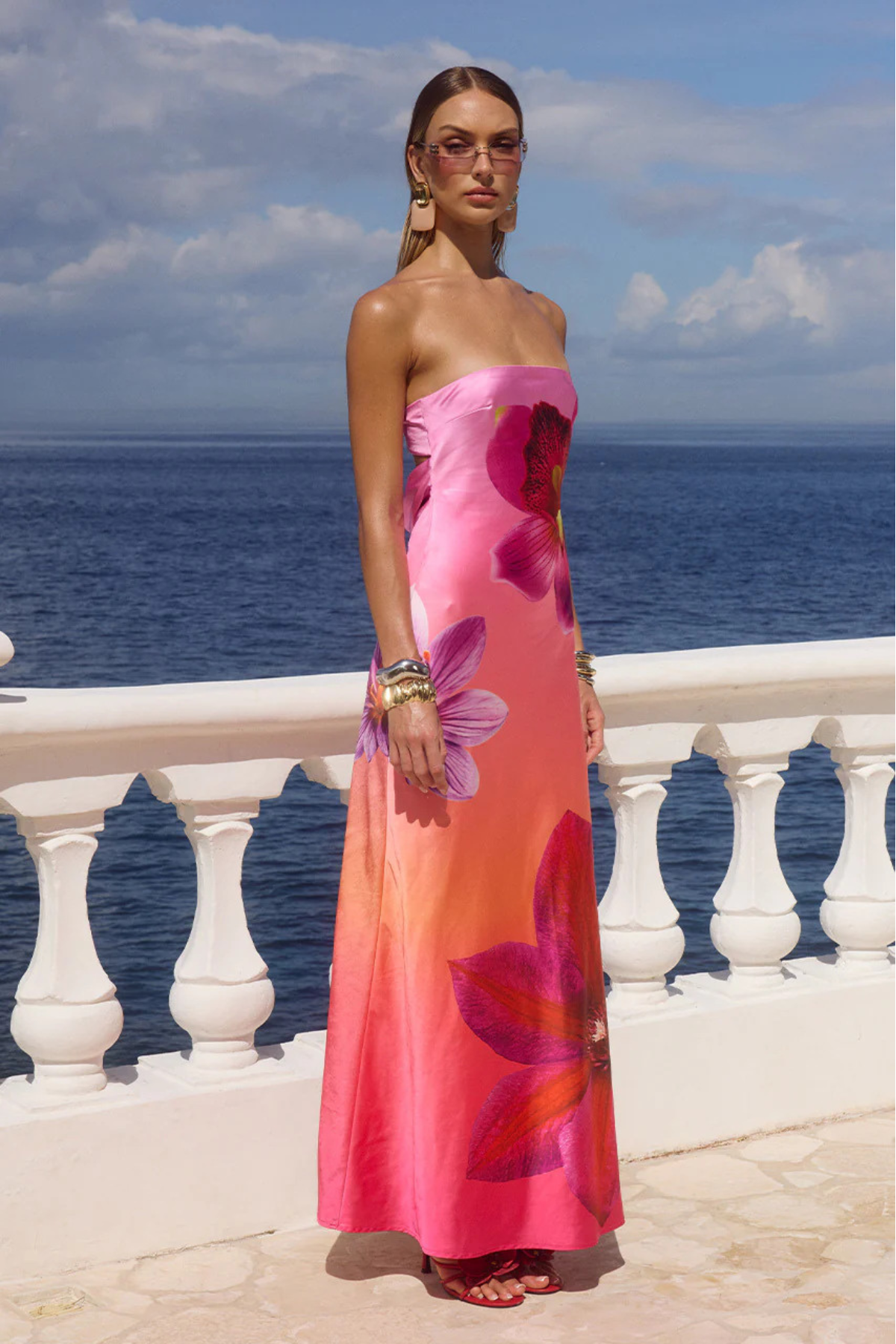 Elegant Floral Strapless Cutout Maxi Dress