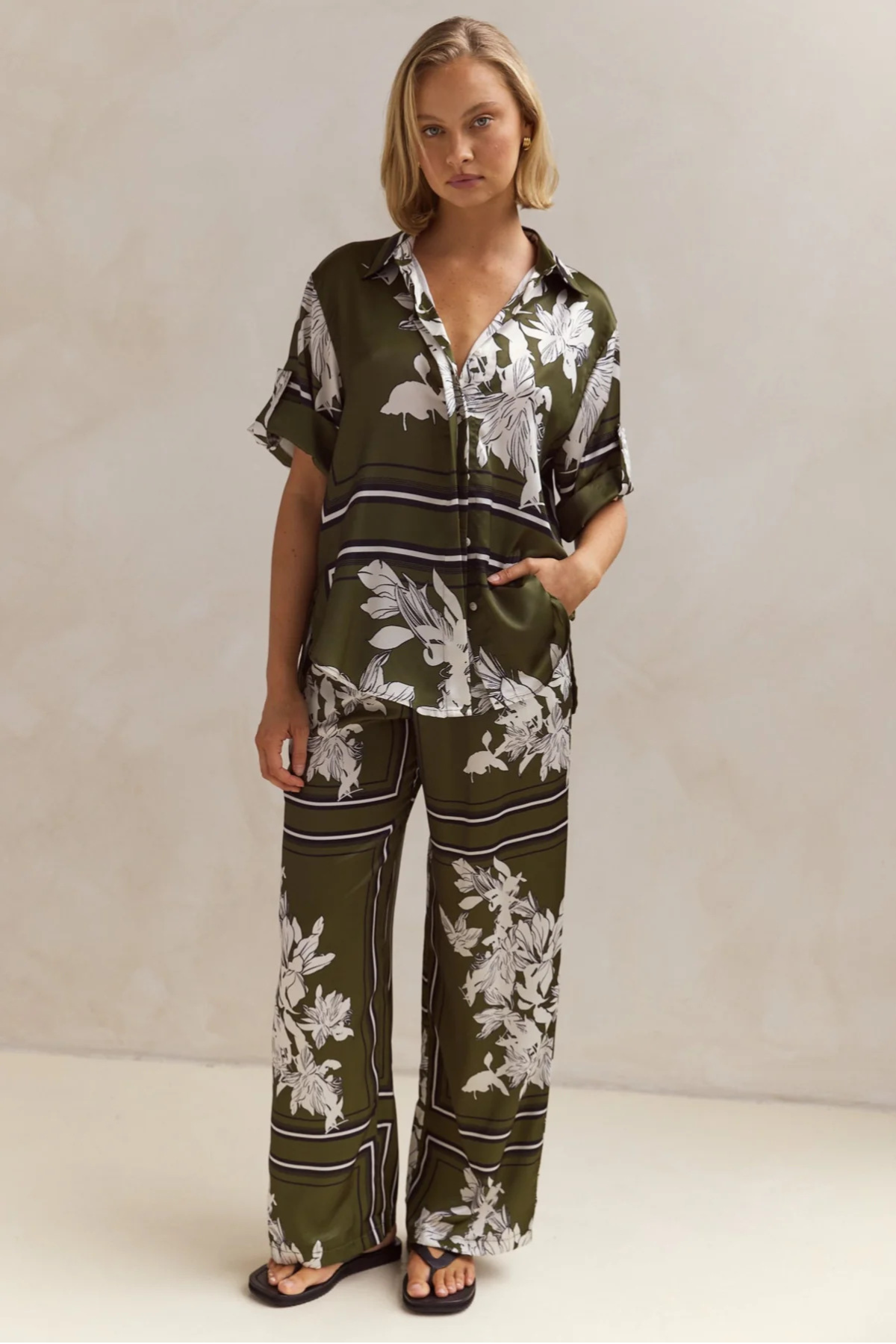 Striped Floral Button-Up Set
