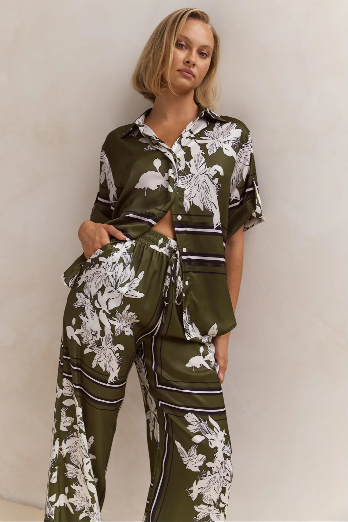 Striped Floral Button-Up Set