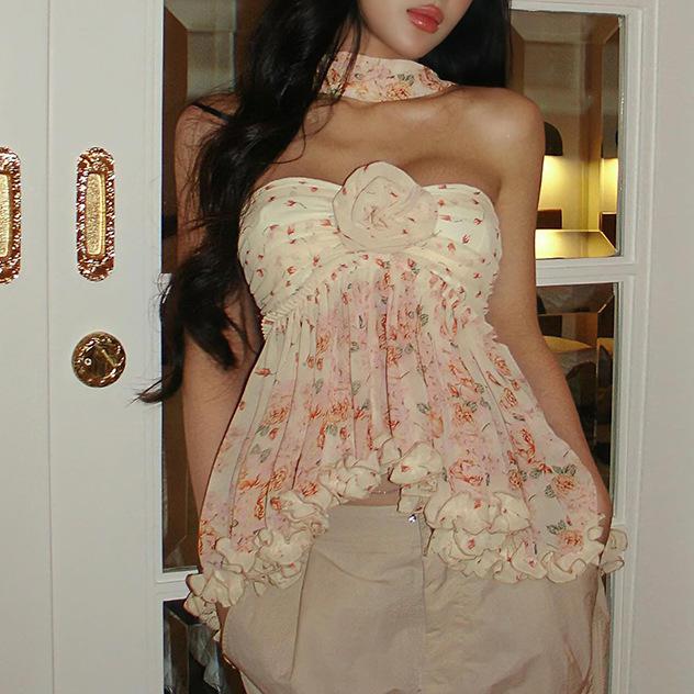 Spring Women Clothing Sexy Floral Printing Scarf Collar Irregular Asymmetric Tube Top Vest for Women