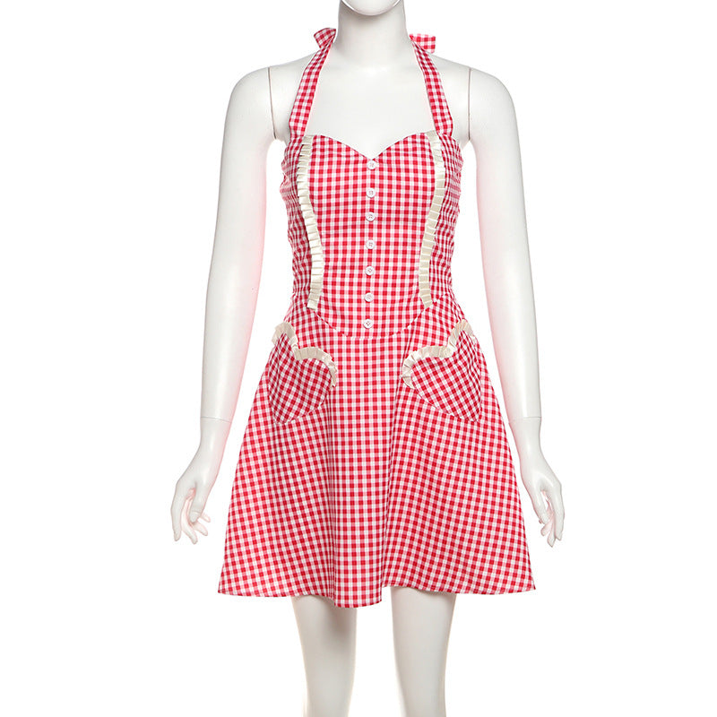 Summer Women Clothing Sexy Halter Contrast Color Slim Fit Slimming Lace up Plaid Dress