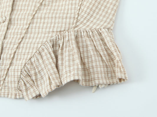 Elegant Gingham Ruffle Embroidery Top