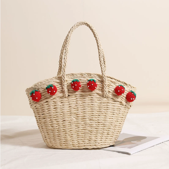 Cute Strawberry Portable Vegetable Basket Bag Hand Carrying Large Capacity Straw Bag Vacation Beach Bag Hand Woven Bag