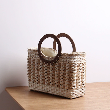 Vintage Stripe Straw Bag Corn Fur Bag Woven Bag Beach Bag Mori Large Capacity Vacation Rattan Weave Bag
