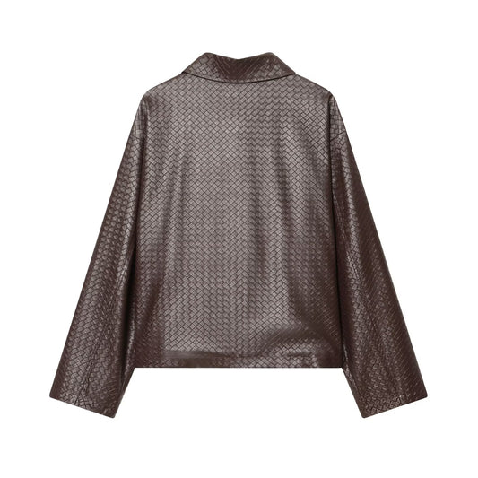 Woven Leather Zip-Up Jacket
