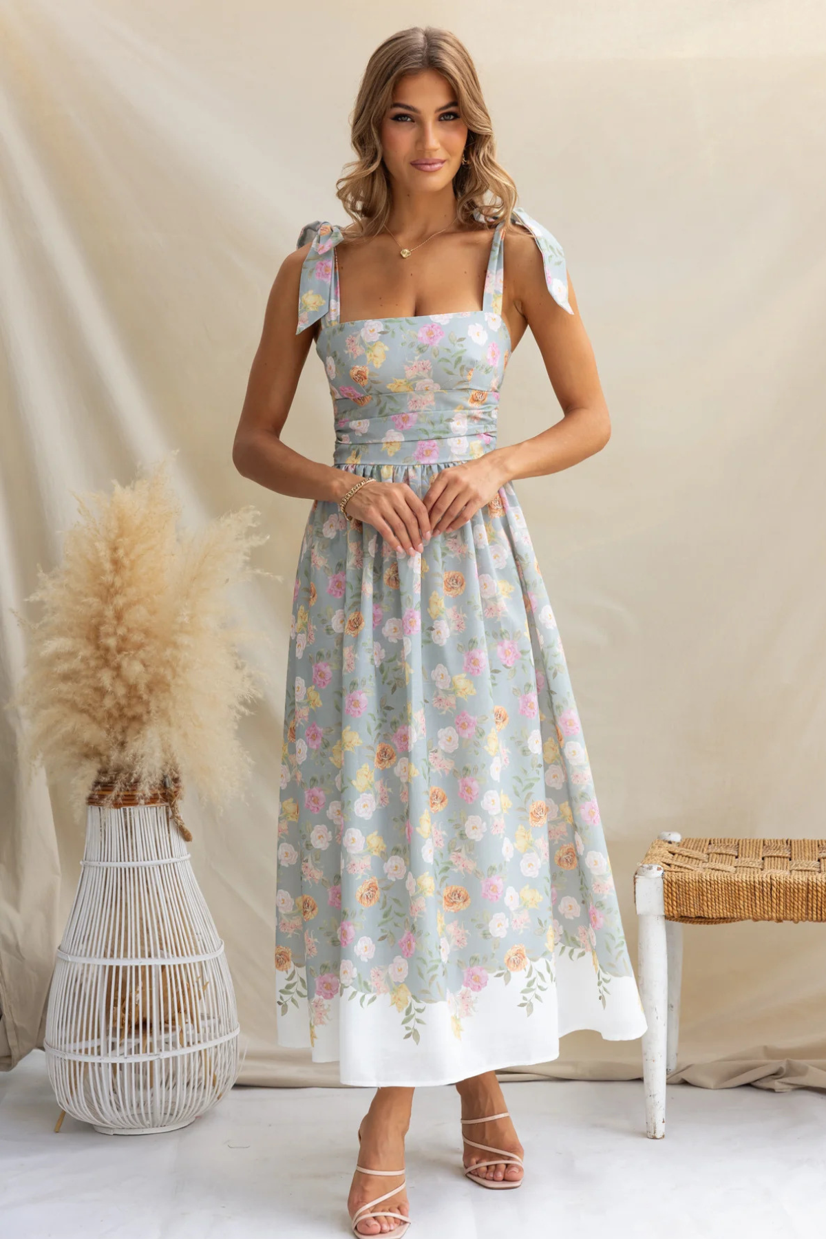 Floral Ruched Spaghetti Strap Maxi Dress