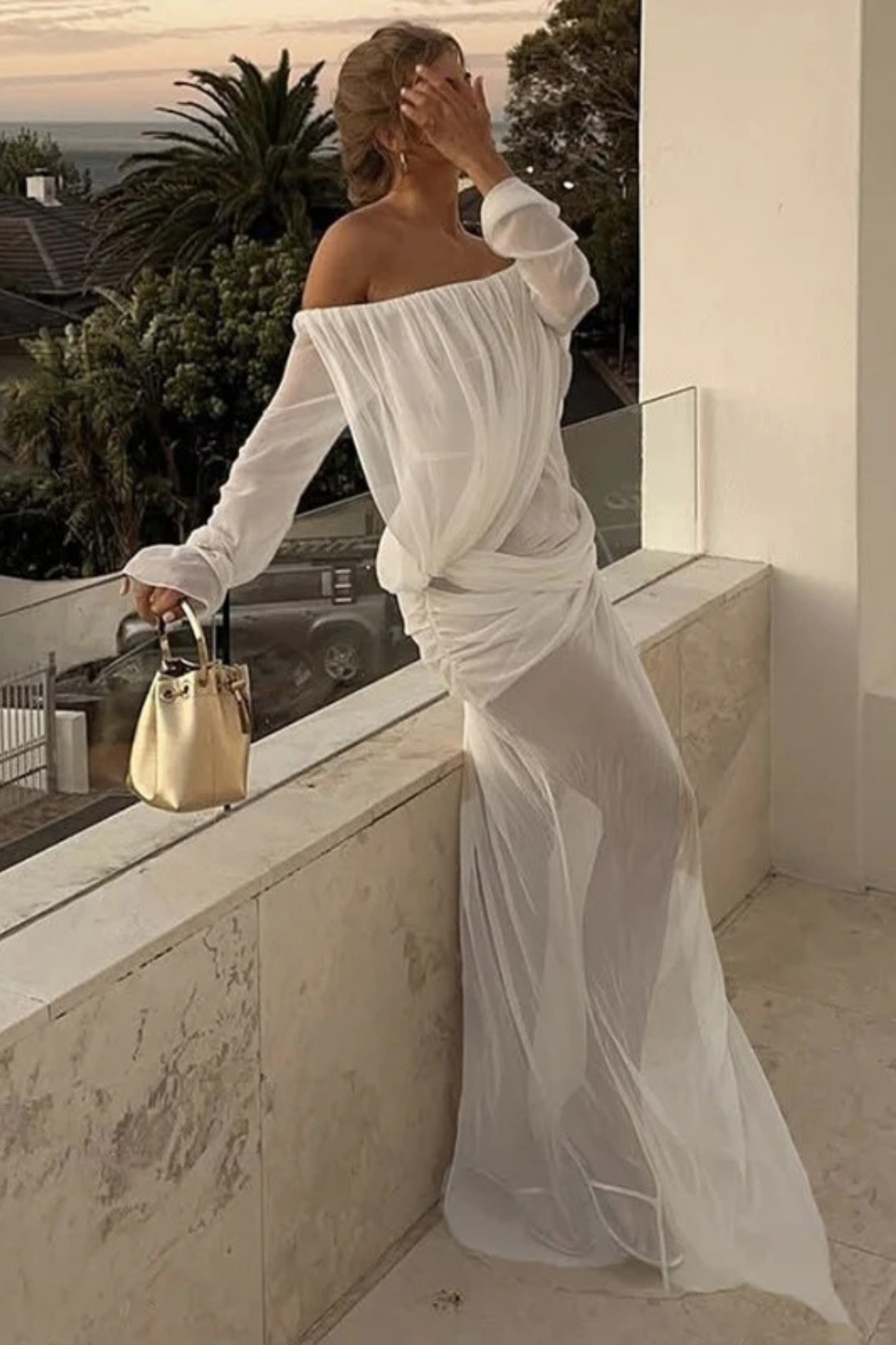 Off-Shoulder Sheer Mesh Long Sleeve Dress