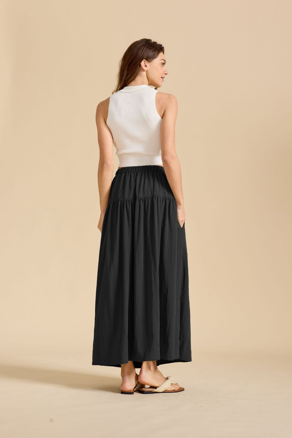 Ruched Pocketed Cotton A-Line Maxi Skirt