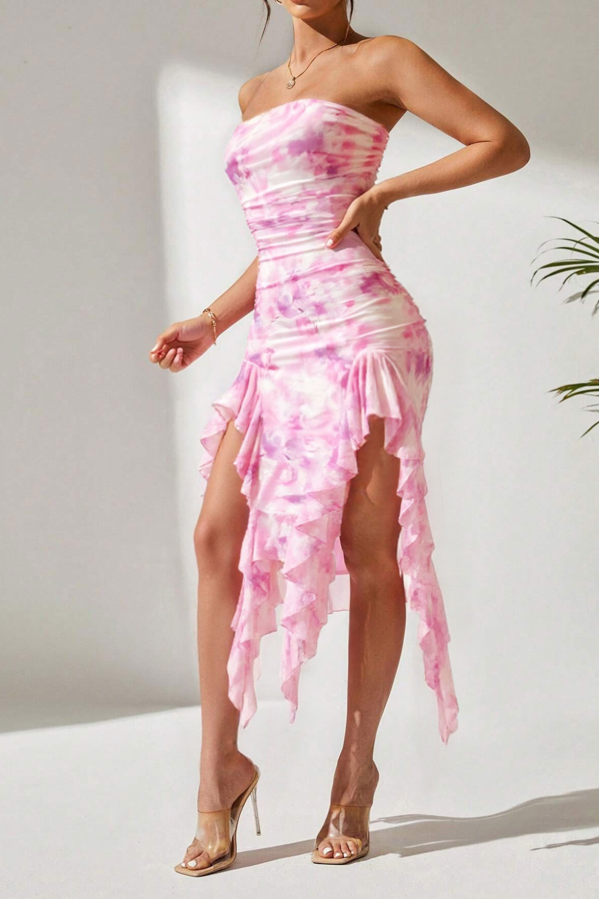 Strapless Floral Ruffle Maxi Dress