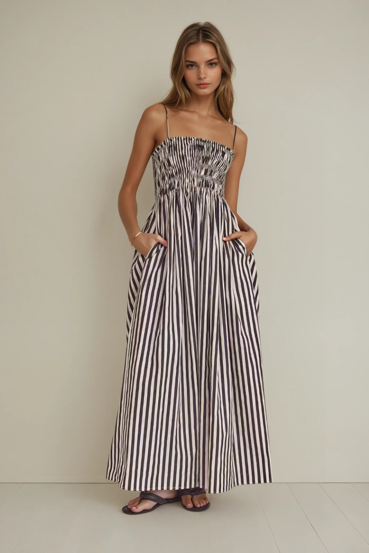 Striped Smocked Midi Cami Dress