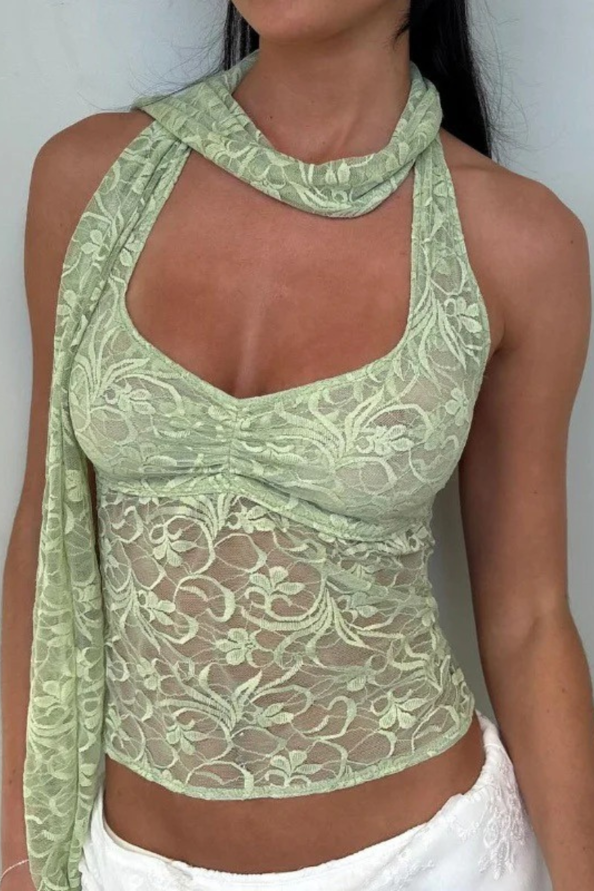 Sheer Charm Ruched Halter Crop Top