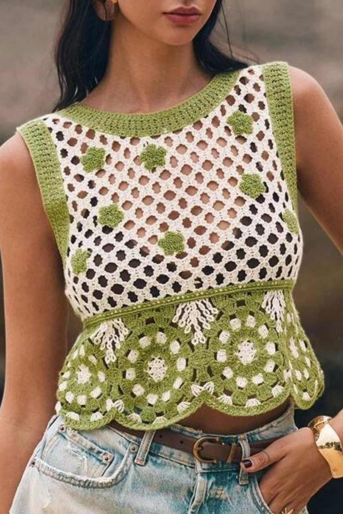 3D Embroidered Floral Crew Neck Tank Top