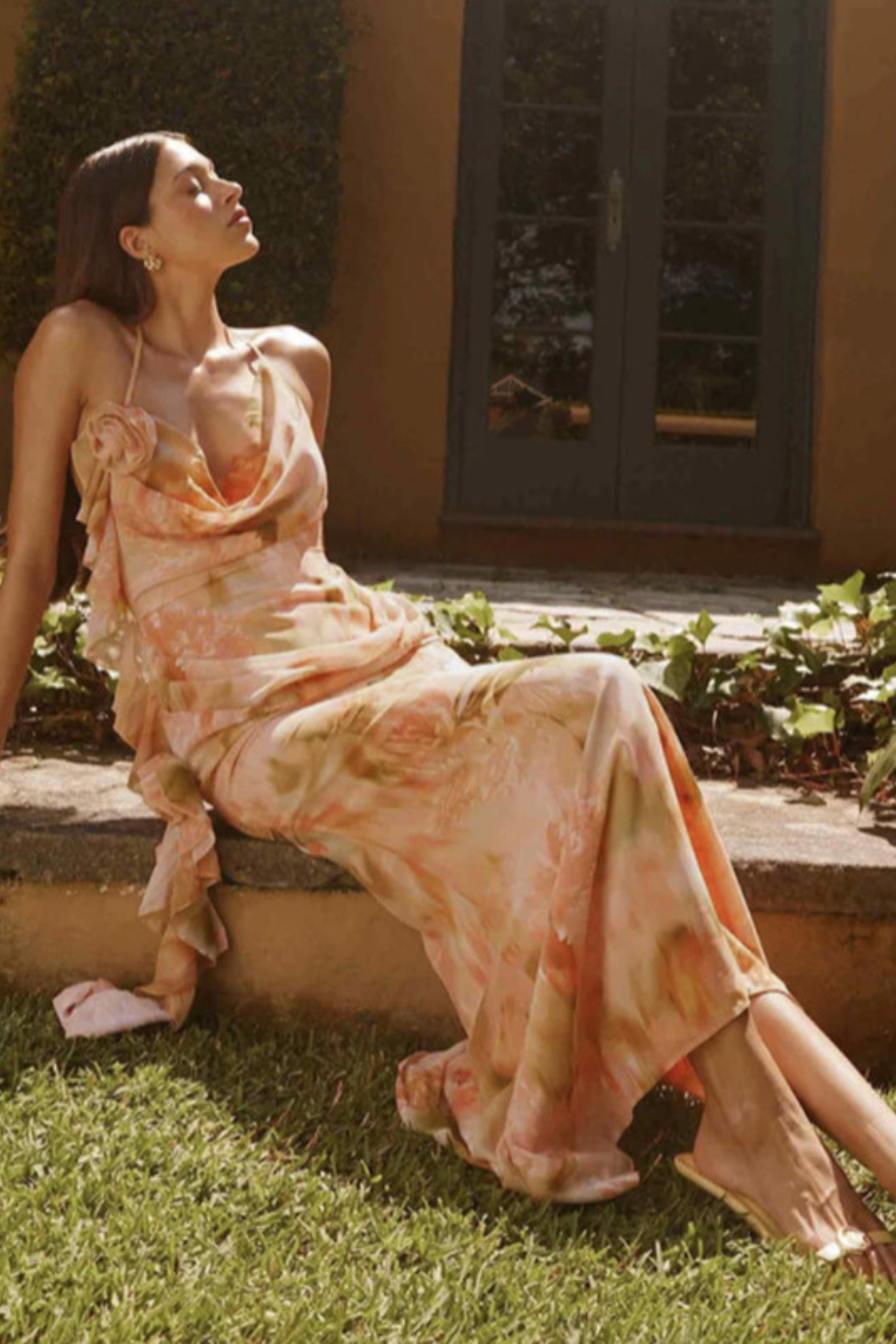 Printed Halter Lace-Up Mesh V-Neck Dress