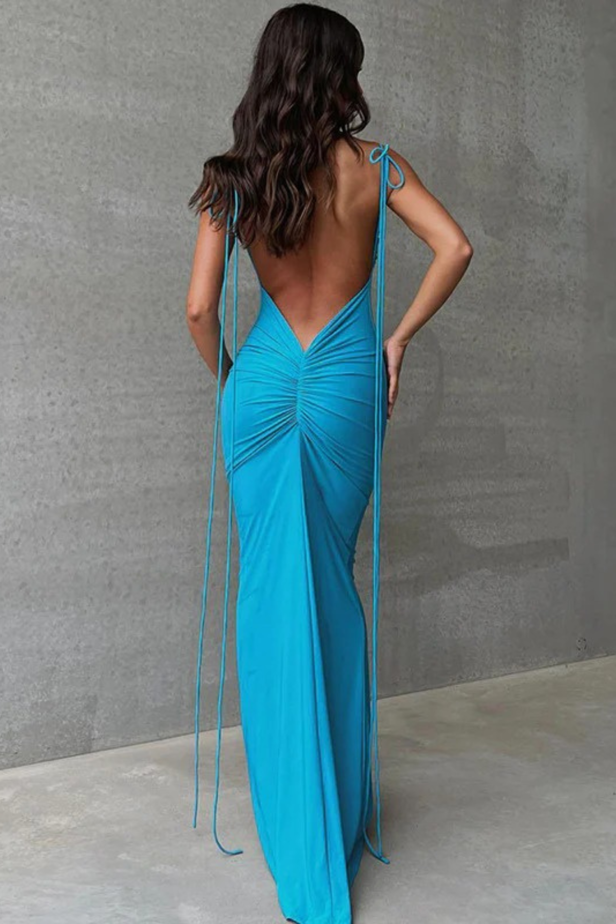 Backless Ruched Tie Spaghetti Strap Maxi Bodycon Dress