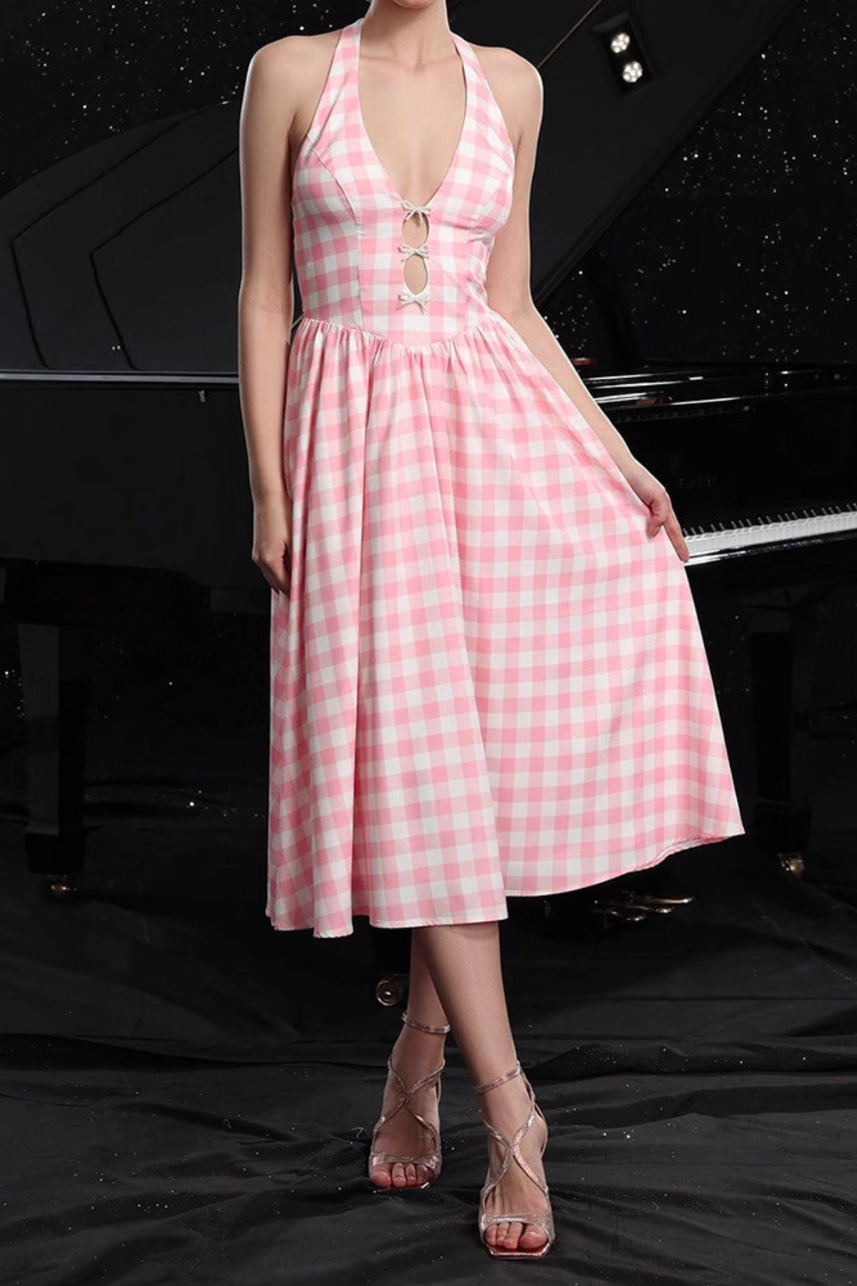 Gingham Cutout Midi Halter Dress