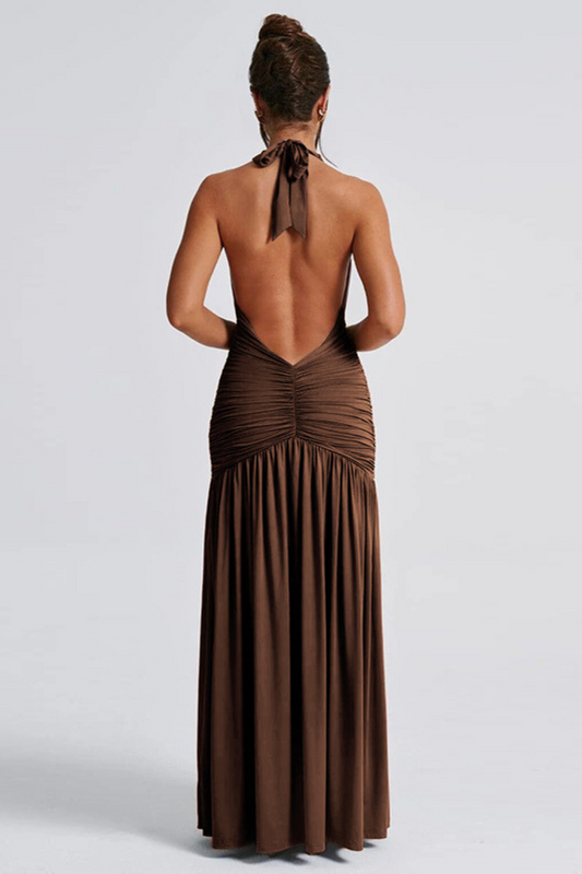 Backless Ruched Halter Maxi Dress