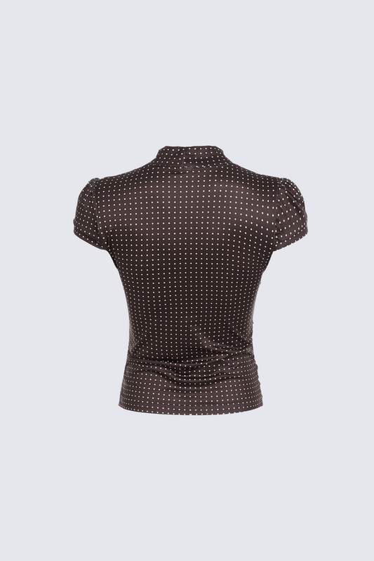 Polka Dot Ruched Tie Neck Blouse