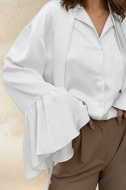 Satin Tie-Neck Blouse with Ruched Panel Sleeves
