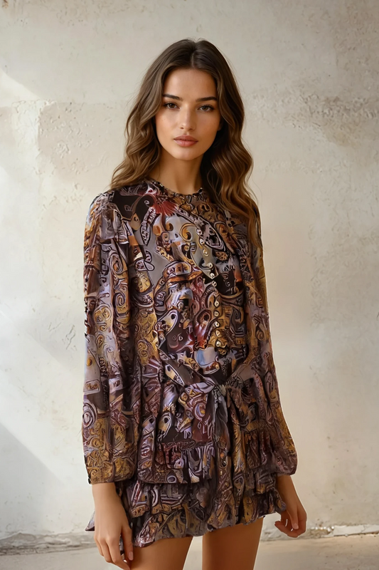 Paisley Belted Ruffle Tiered Mini Dress