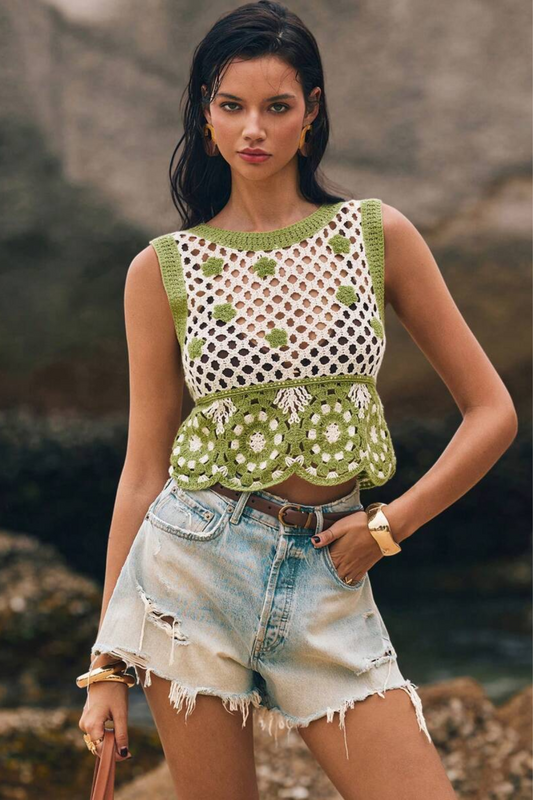 3D Embroidered Floral Crew Neck Tank Top