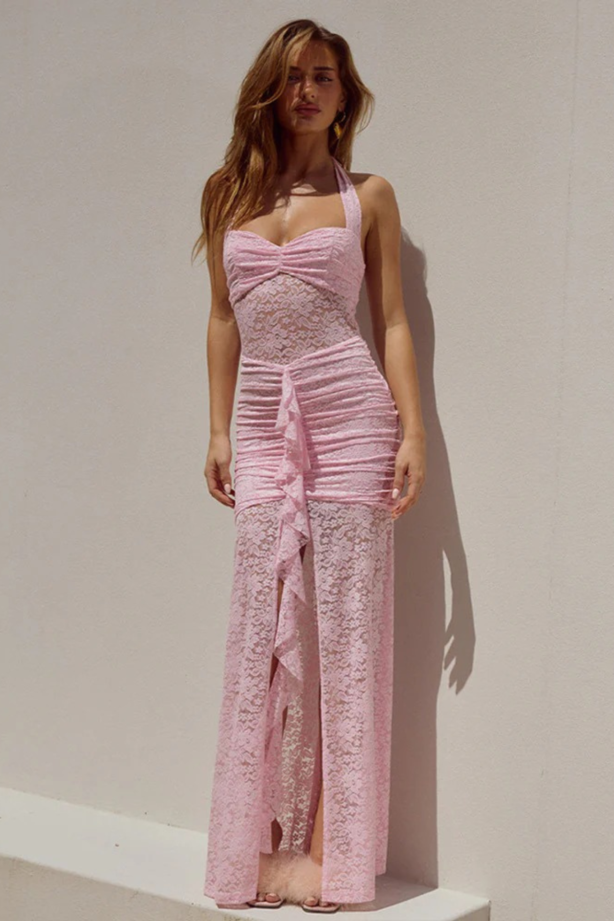 Halter Ruched Ruffle Maxi Dress