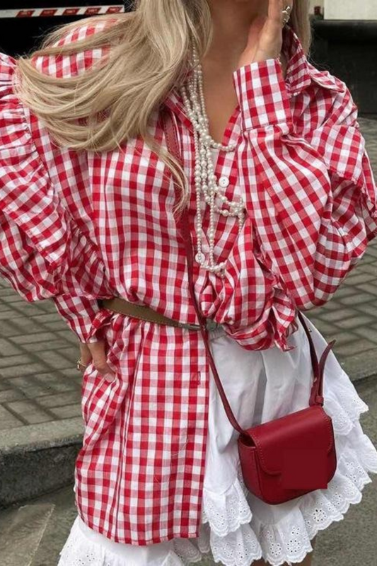 Cotton Plaid Ruffled Collared Shirt