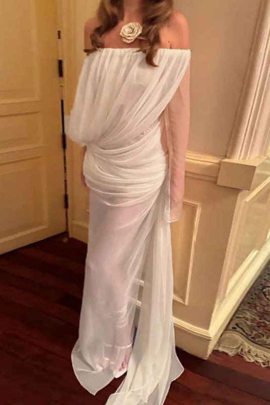 Off-Shoulder Sheer Mesh Long Sleeve Dress