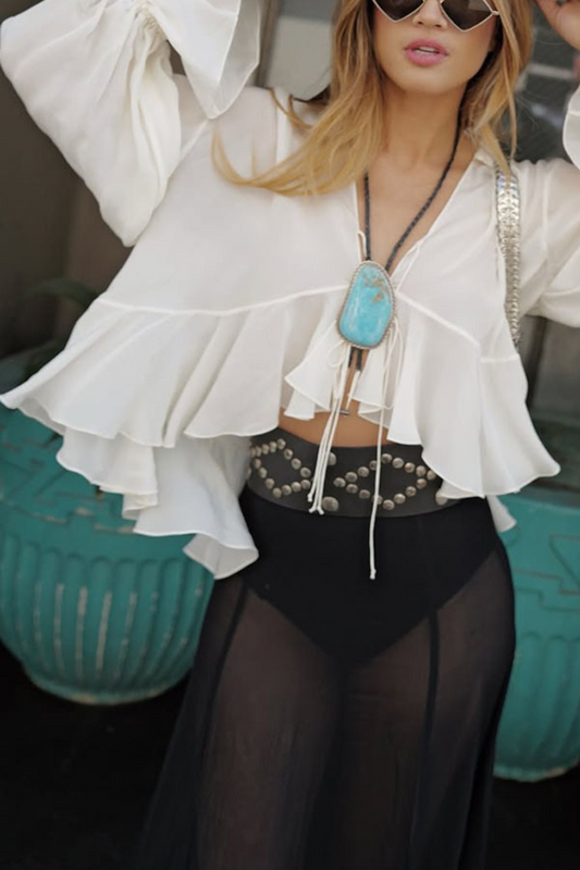 Sheer Lace Ruffle Tie Blouse