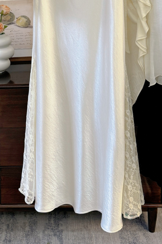 Elegant Satin Lace Detail A-Line Maxi Skirt