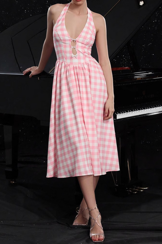 Gingham Cutout Midi Halter Dress