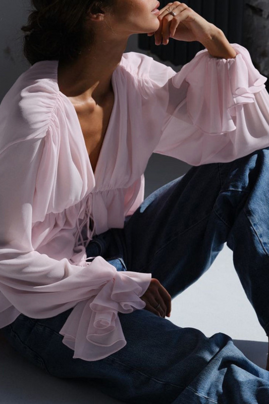 Ruched Lace Tie Blouse