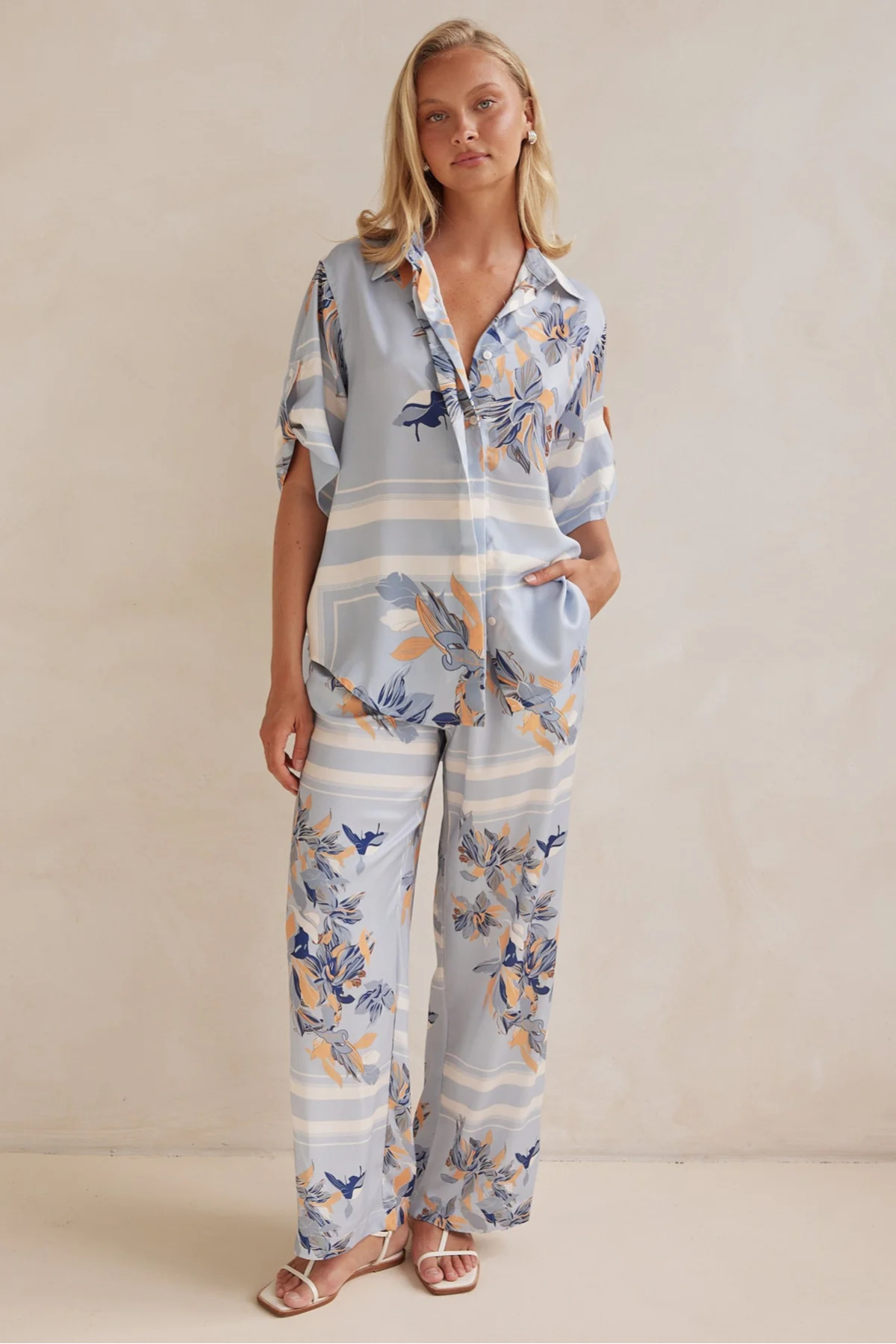 Striped Floral Button-Up Set