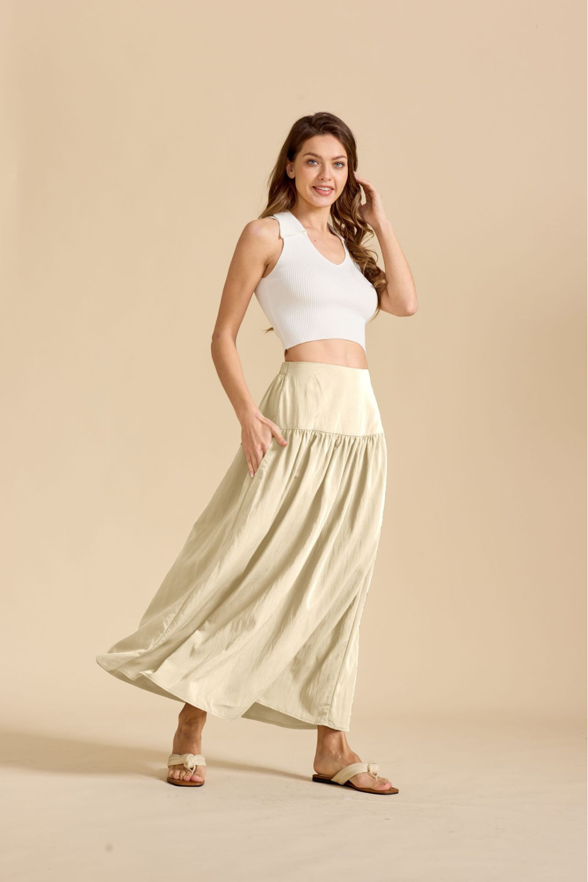 Ruched Pocketed Cotton A-Line Maxi Skirt