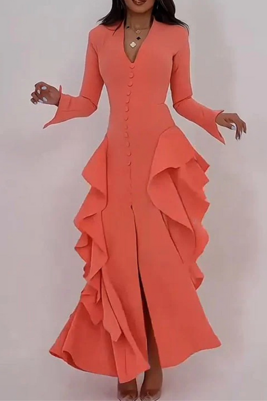 Summer V-Neck Ruffle Slit Dress