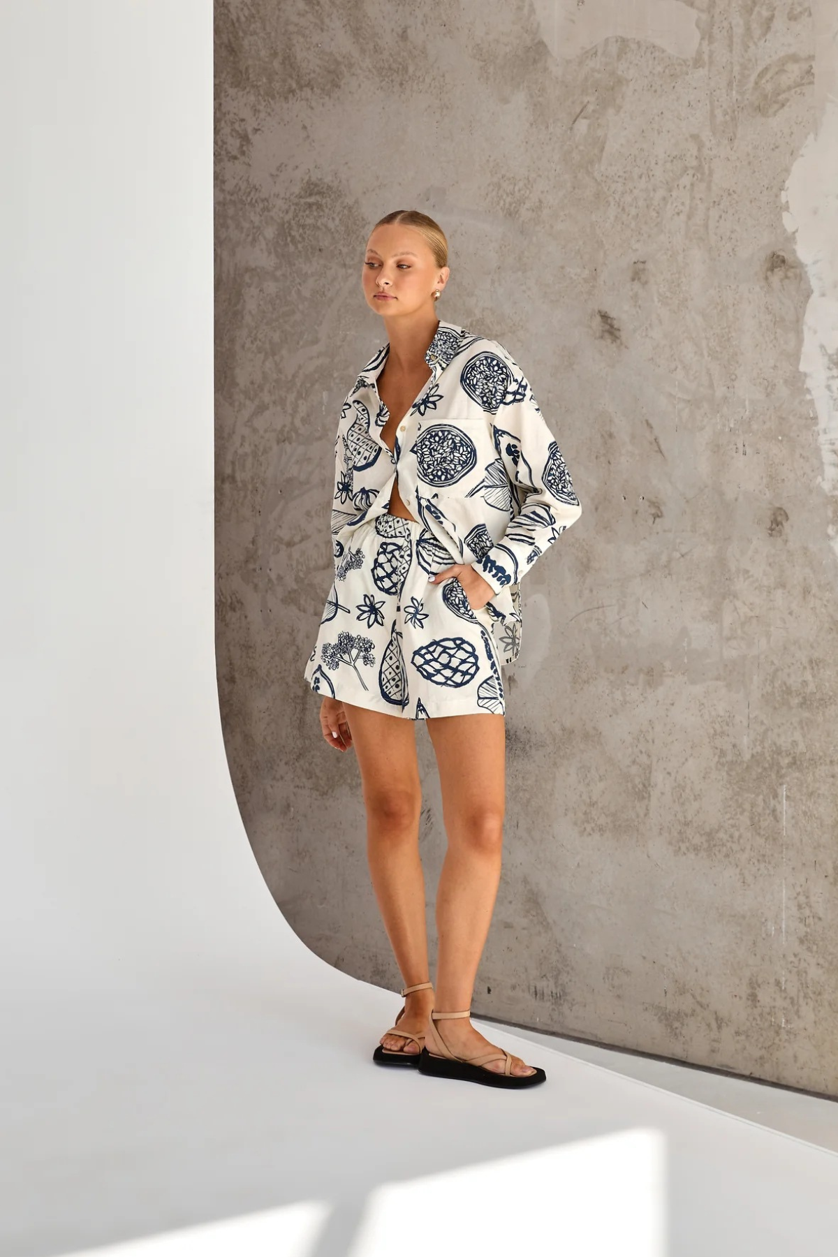 Floral Collared Long Sleeve Shirt & High-Rise Shorts Set