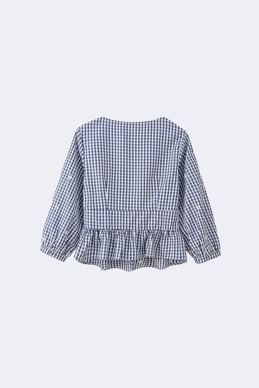 Embroidered Check V-Neck Blouse