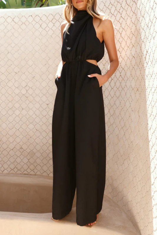 Mock Neck Cutout Jumpsuit with Tie Waist