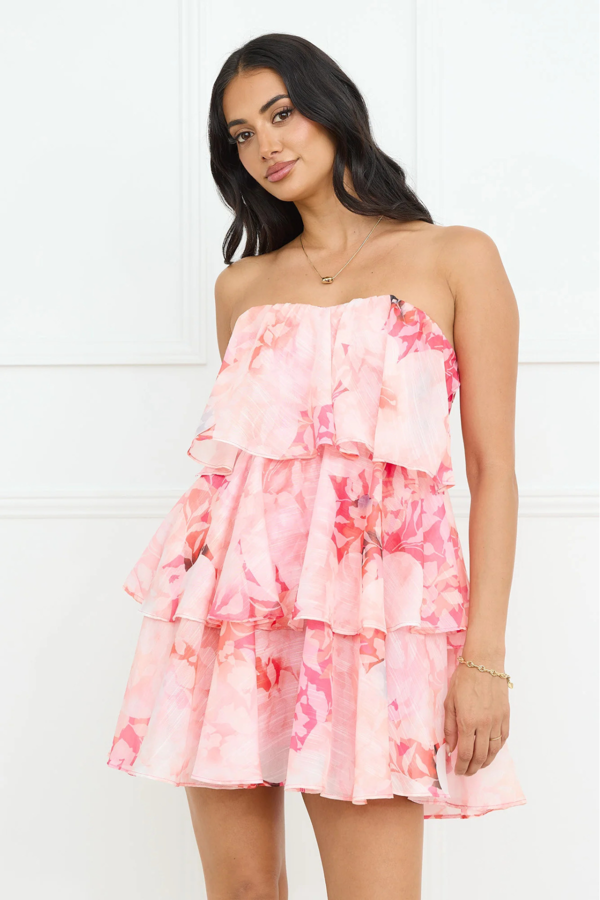 Strapless Tiered Floral Mini Dress