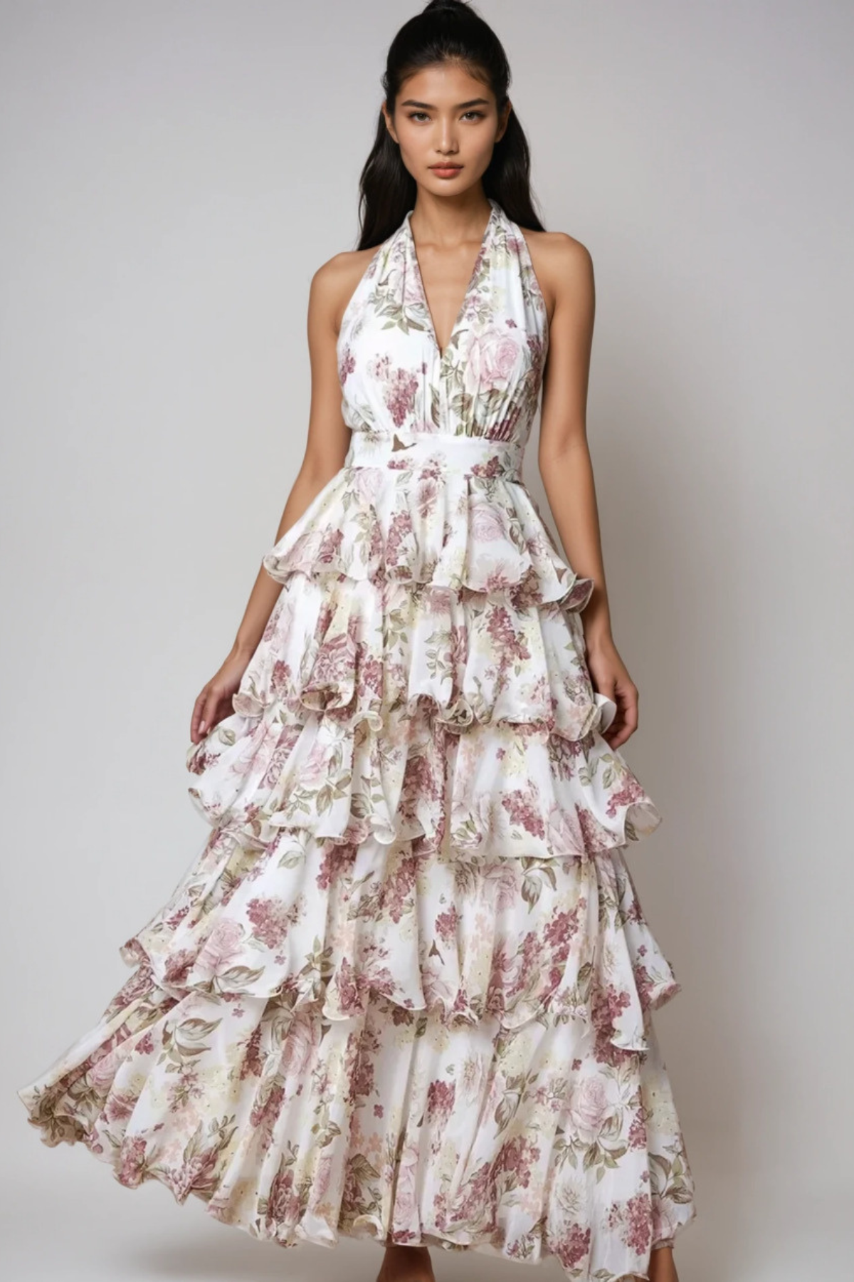 Floral Print V-Neck Layered Dress