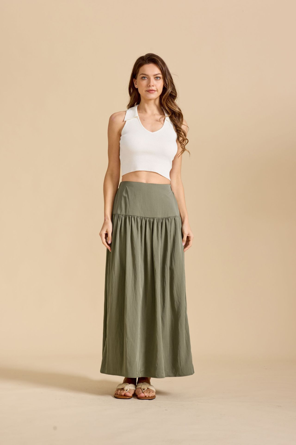 Ruched Pocketed Cotton A-Line Maxi Skirt
