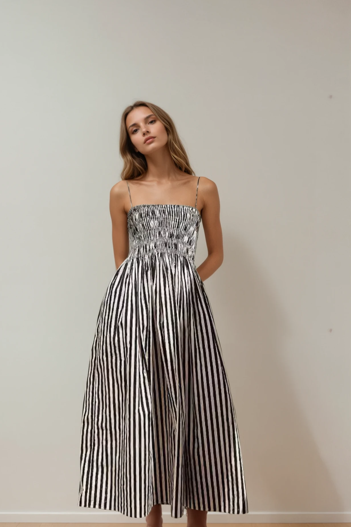 Striped Smocked Midi Cami Dress