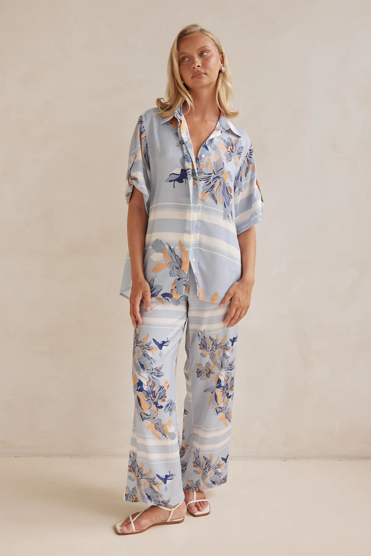Striped Floral Button-Up Set