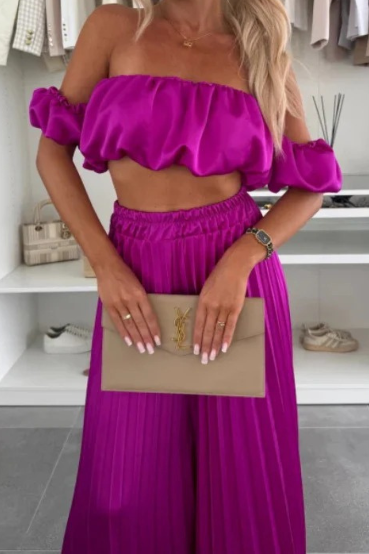 Off-Shoulder Fold Detail Crop Top & Pant Set