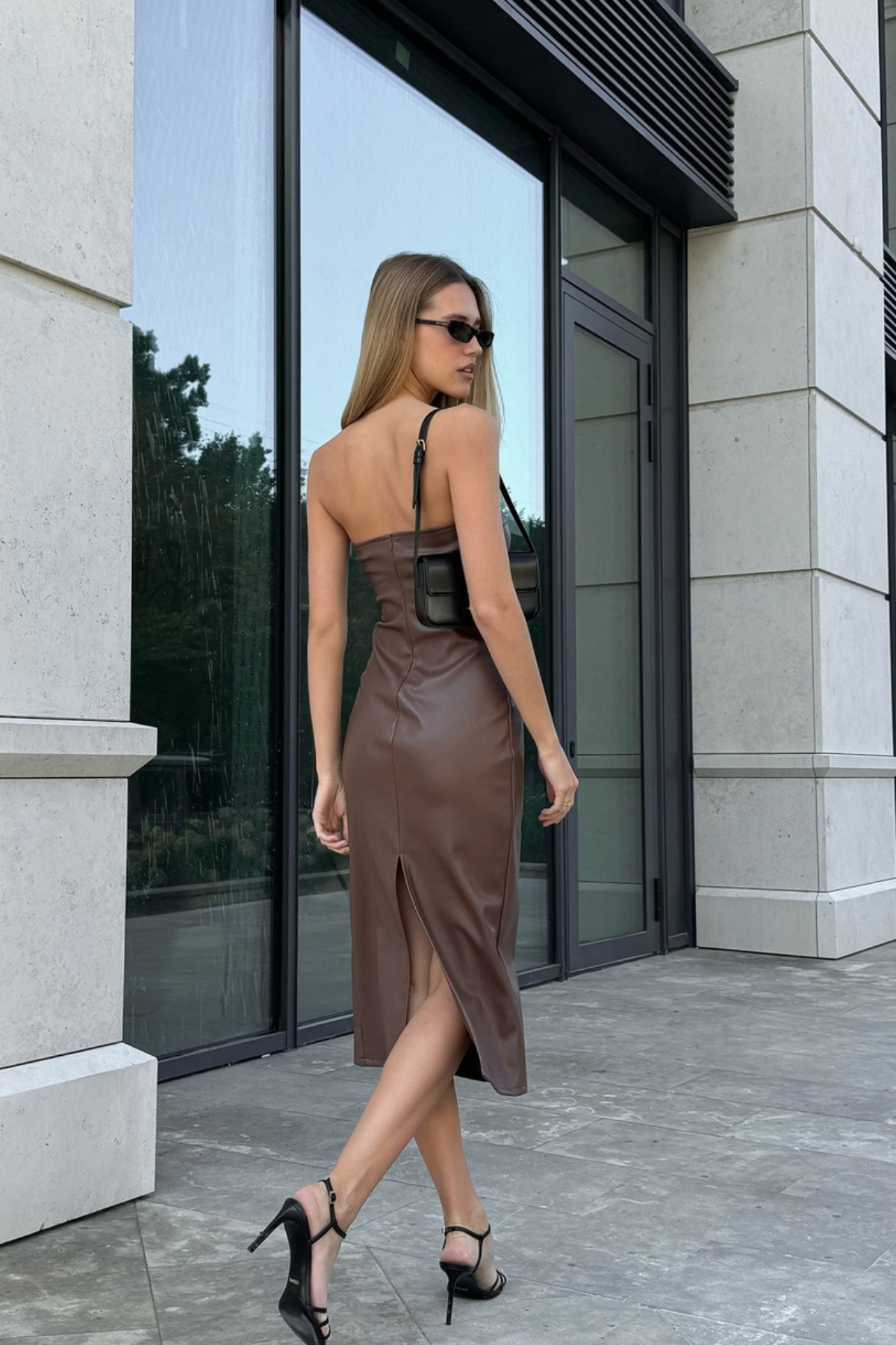 Leather Strapless Zipper Split Midi Dress