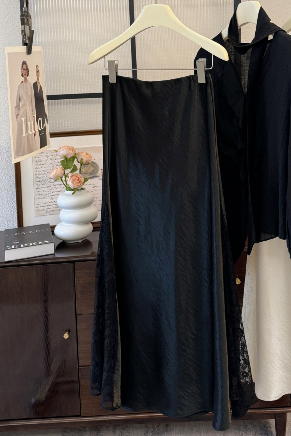 Elegant Satin Lace Detail A-Line Maxi Skirt