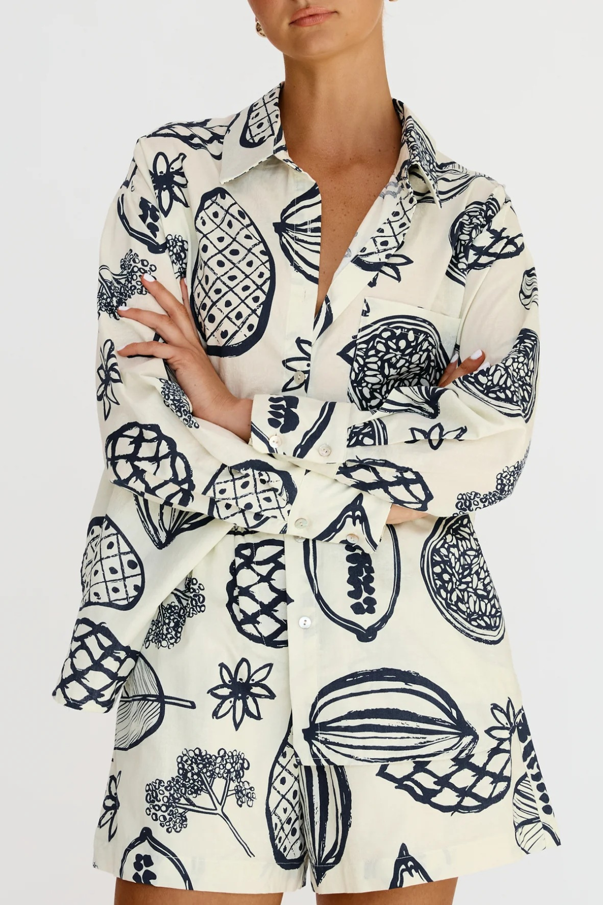 Floral Collared Long Sleeve Shirt & High-Rise Shorts Set