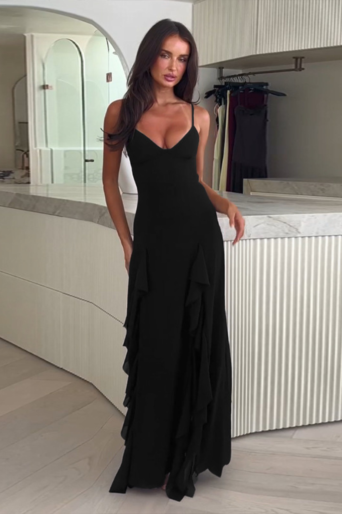 Long Ruffle Slit Dress