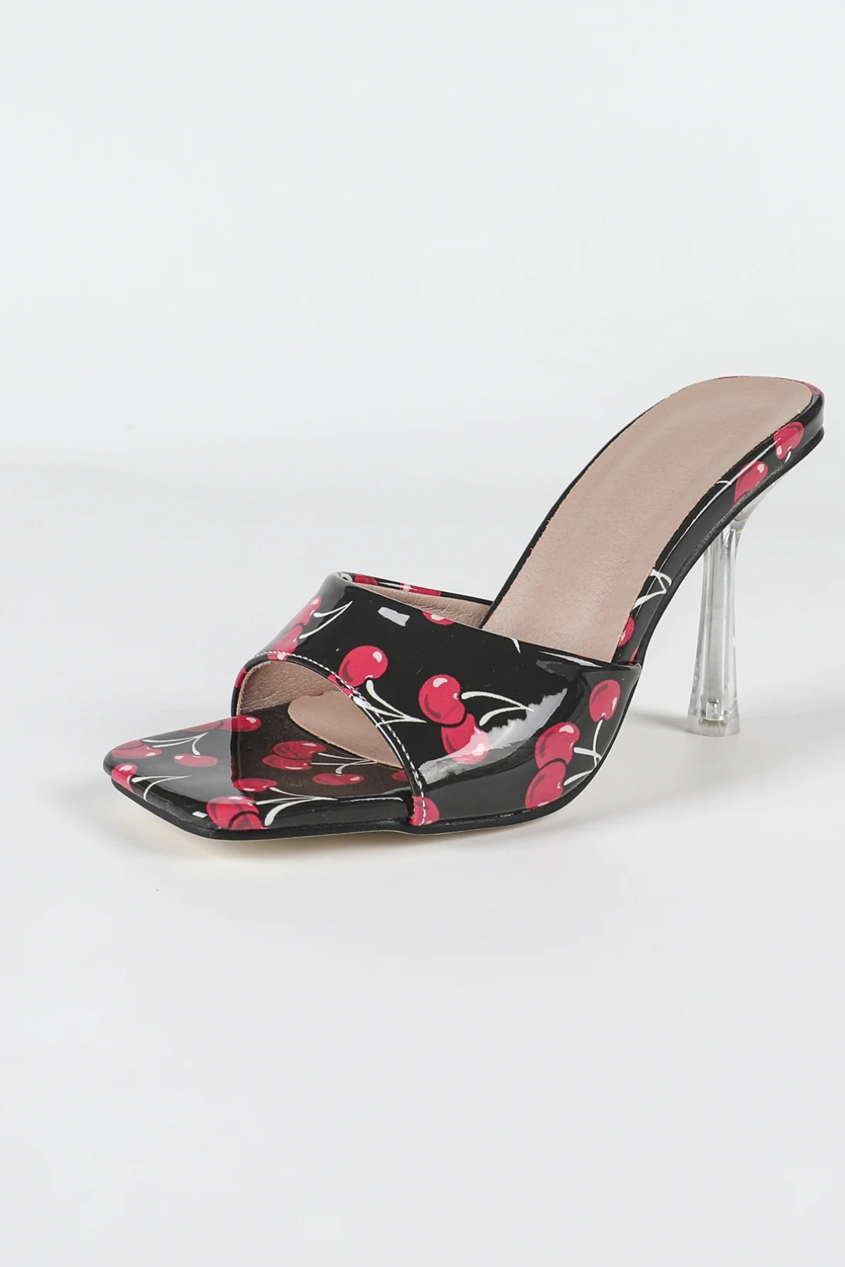 Cherry Printed Peep Toe Chunky Heel Slippers