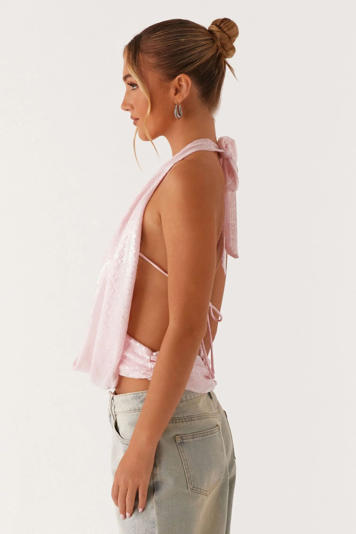 Sequin Tie Backless Cowl Neck Halter Tank