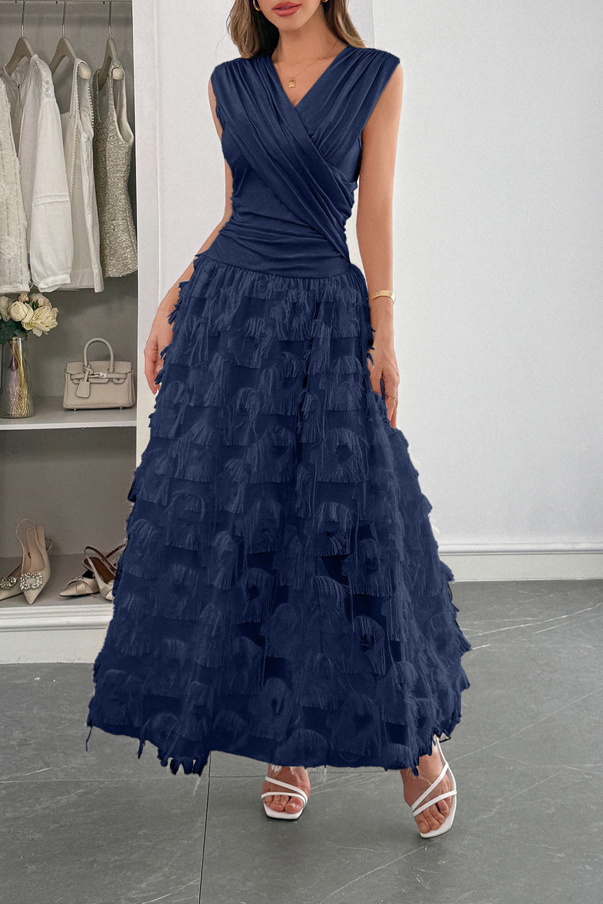 Lace Patchwork Ruched Maxi Dress